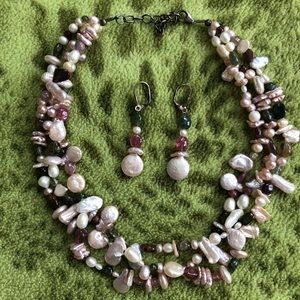 Multi-colored torsade necklace & earrings with cultured pearls, beads & stones